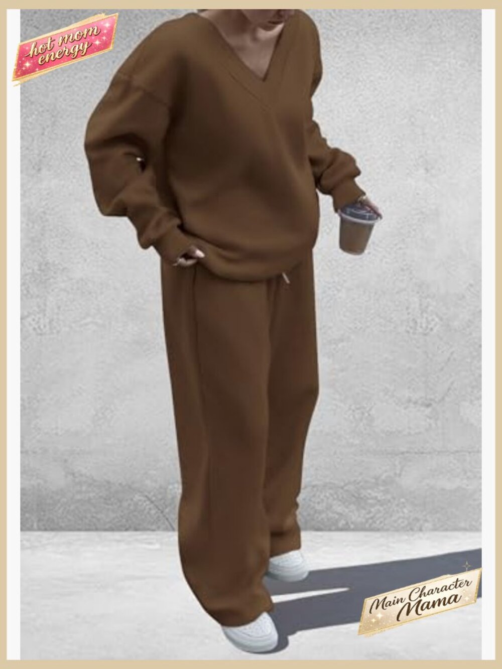 Oversized V-Neck Sweatsuit Set Loose Wide Leg Pants Knit Casual Lounge Wear - Picture 5 of 7